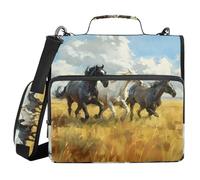 3 Ring Zipper Binder with Shoulder Strap Horses Galloping Across Meadow Binder Bag Expanding File Folder Storage Multiple Pockets