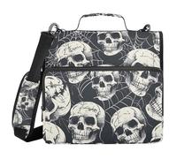 3 Ring Zipper Binder with Shoulder Strap Human Skulls Spider Web Binder Bag Expanding File Folder Storage Multiple Pockets