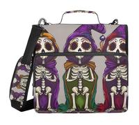 3 Ring Zipper Binder with Shoulder Strap Mardi Gras Skeletons in Jester Hats Kawaii Cartoon Purple Gold Green Vector Binder Bag Expanding File Folder Storage Multiple Pockets