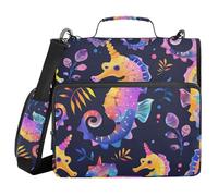3 Ring Zipper Binder with Shoulder Strap Neon Seahorse Binder Bag Expanding File Folder Storage Multiple Pockets