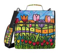 3 Ring Zipper Binder with Shoulder Strap Painting Tulips Flowers Field Binder Bag Expanding File Folder Storage Multiple Pockets