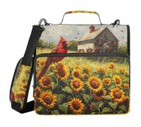 3 Ring Zipper Binder with Shoulder Strap Red Bird Sunflower Field Binder Bag Expanding File Folder Storage Multiple Pockets