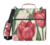 3 Ring Zipper Binder with Shoulder Strap Red White Tulip Flower Binder Bag Expanding File Folder Storage Multiple Pockets