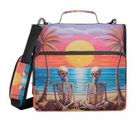 3 Ring Zipper Binder with Shoulder Strap Skeleton on The Beach at Sunset Skull Binder Bag Expanding File Folder Storage Multiple Pockets