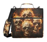 3 Ring Zipper Binder with Shoulder Strap Skulls Burning in Flames Binder Bag Expanding File Folder Storage Multiple Pockets