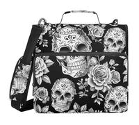 3 Ring Zipper Binder with Shoulder Strap Skulls Roses Flower Grayscale Binder Bag Expanding File Folder Storage Multiple Pockets