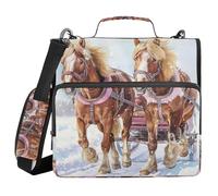 3 Ring Zipper Binder with Shoulder Strap Snowy Winter Brown Horses Binder Bag Expanding File Folder Storage Multiple Pockets