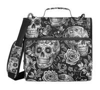 3 Ring Zipper Binder with Shoulder Strap Sugar Skulls Roses Grayscale Binder Bag Expanding File Folder Storage Multiple Pockets
