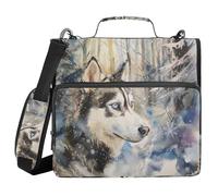 3 Ring Zipper Binder with Shoulder Strap Winter Forest Dog Snow Binder Bag Expanding File Folder Storage Multiple Pockets