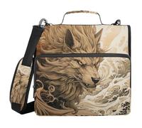 3 Ring Zipper Binder with Shoulder Strap Wolf Beast in The Waves Binder Bag Expanding File Folder Storage Multiple Pockets