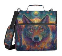 3 Ring Zipper Binder with Shoulder Strap Wolf Pattern L Binder Bag Expanding File Folder Storage Multiple Pockets