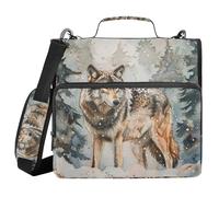 3 Ring Zipper Binder with Shoulder Strap Wolf Snow Winter Binder Bag Expanding File Folder Storage Multiple Pockets
