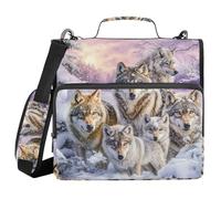 3 Ring Zipper Binder with Shoulder Strap Wolf Winter Snow Binder Bag Expanding File Folder Storage Multiple Pockets
