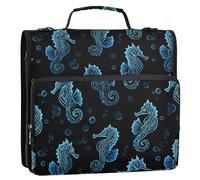 3-Ring Zipper Binder with Shoulder Strap Zip-Up Expanding File Folder Organizer Storage Fireproof Accordion Trapper Keeper Home School Office Three Butterfly (Blue Seahorse)