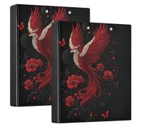 3 Ringed Binders One and A Half Inch Red Phoenix Chinese Painting Style with Pockets 1/2 Pack for Letter Size (11" X 8.5") Hardcover Pack of 2