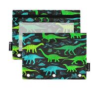 3 Ringed Pencil Pouch with Clear Window, 2 Pack Boys Zipper Pencil Pouch Kids School Supplies, 9.8″ × 7″, Dinosaurs Green Blue Black
