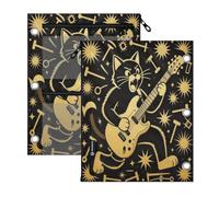 3 Ringing binder pouching 2 Pack Cat Playing Guitar Rock Star Gold Male | big capacity Ringing folders with pockets clear window for Office School Supplies Cosmetics