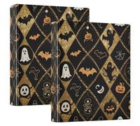 3 Ringing Binders 1 and A Half Inch Halloween Black Gold Ghosts Bat with Interior Pockets 1/2 Pack for Letter Size (11" X 8.5") Hardcover Pack of 2