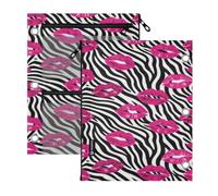 3 Ringing pencil case 2 pcs Hot Pink Black zebras Kiss Lips 11''x8.9''