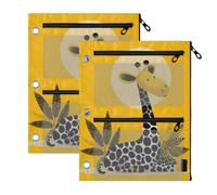 3 Ringing Pencil Pouches 2 PCS Naughty Animal Giraffe Yellow | plastic pencil case with Clear Window big capacity 3 Ringing binder for Storing tudents Teacher Supplies