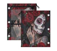 3 Ringing pencil pouching for binder 2 pack Sugar Skull Girl Roses Flower