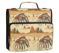 3 Rings 1.5 inch Organizer Binder with Shoulder Strap Waterproof Zippered Portfolio for Office School Western Cowboy Dream Catchers Indian Headdress Hats Vast Desert