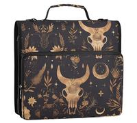 3 Rings 1.5 inch Zipper Binder with Handle Easy to Carry Document Organizer Bag for School Ethereal Boho Seamless Pattern with Rose Gold Bull Skull and Line Art Shapes