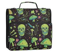 3 Rings 1.5 inch Zipper Binder with Strap Multiple Pockets Documents Files Storage Bag for Middle Student Neon Green Skull and Mushroom Pattern