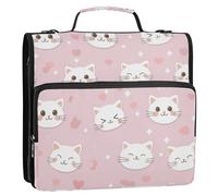 3 Rings Binder Organizer with Strap Laege Capacity Document Binder Organizer for Office School Cute Happy White Cat Face Pattern