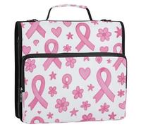 3 Rings Binder with Extra Pockets with Shoulder Strap Multi-Pocket Document Binder Organizer for School Whimsical Pink Ribbon Pattern with Decorative Elements