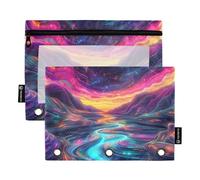 3 Rings Pencil Pouches with Clear Window Color Dream Fluorescent Star River Pencil Bags Big Capacity 3 Rings Binder for Office School Supplies Cosmetics Multicolored 2 PCS