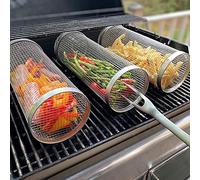 3 Rolling Grill Basket, Stainless Steel Wire Mesh Cylinder Grilling Basket, Portable Outdoor Camping Barbecue Rack, Versatile Round Grill Cooking Accessories for Vegetables, French Fries, Fish