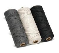 3 Rolls 3mmx100m Cotton Macrame Cord, 4 Strand Twisted, 3mmx300m Natural Cotton Cord for Wall Hanging, Plant Hangers, Knitting, DIY Crafts, Weaving Decoration (Beige+deep grey+black)