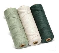 3 Rolls 3mmx100m Cotton Macrame Cord, 4 Strand Twisted, 3mmx300m Natural Cotton Cord for Wall Hanging, Plant Hangers, Knitting, DIY Crafts, Weaving Decoration(Beige+Blackish Green+Flower Green)
