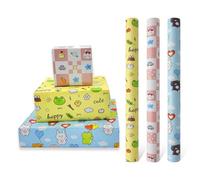 3 Rolls Birthday Gift Wrapping Paper, 43cm x 3Meter Recyclable Gift Wrapping Paper Printed With Various Cute Animals for Children's Boys and Girls Birthday Baby Gift Decoration