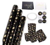 3 Rolls Black and Gold Wrapping Paper 43 cm× 3 m, Heart Wrapping Paper Roll Gold & Black Gift Wrap