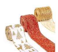 3 Rolls Christmas Mesh Ribbon, 2.5 Inch x 15 Yards Glitter Christmas Ribbon Metallic Mesh Ribbon for Christmas Tree Wreath DIY Crafts (Red, Golden, White)