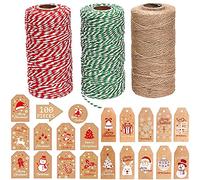 3 Rolls Christmas Twine String + 100 Pcs Brown Kraft Paper Tags Card, Xmas Present Labels Wrappring Kit, Red and Green Cotton String Natural Jute Twine for DIY Crafts Gift Wrap Decor Pendant