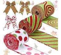 3 Rolls Christmas Wired Ribbon Red and Lime Green Christmas Wrapping Ribbon 2.56 in Wide Polka Dot Swirl Fabric Ribbons Xmas Decorative Ribbons for DIY Crafts Tree Decorations (Bright Style)