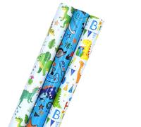 3 Rolls Dinosaur Wrapping Paper, 43cm x 3m Kids Recyclable Gift Wrapping Paper for Birthday Baby Shower Party Festive Decorations