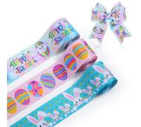 3 Rolls Easter Ribbon, 15 Yard Easter Wired Ribbon with Egg Bunny Easter Wired Edge Ribbon Wrapping Ribbon Roll Fabric Decorative for Gift Crafts Supplies (3 Styles)