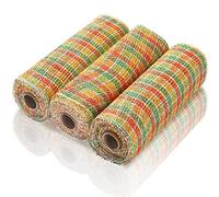 3 Rolls Fall Poly Burlap Mesh 10 Inches Plaid Check Deco Mesh Wreath Supplies - Yellow Green and Orange Multi Stripe Thanksgiving Decorative Poly Mesh Ribbon for Wreaths DIY Crafts Making Supplies