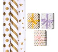3 Rolls Gift Wrapping Paper, Christmas Wrapping Paper White Paper Printed with Gold Star Polka Dot Stripe for Birthday, Wedding Gift Wrapping - 43cm x 3M