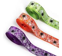 3 Rolls Halloween Wired Edge Ribbon, 15 Yards Spider Web Ribbon Colorful Halloween Decorative Ribbons for Crafts Wreaths DIY Festival Home Party Decorations
