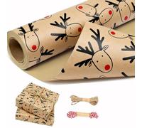 3-Rolls Kraft Christmas Wrapping Paper: Recyclable Gift Wrap Roll with Hemp Ropes Vintage Brown Reindeer Head Xmas Wrapping Paper for Christmas Holiday Party Wedding (17"x118")
