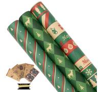3 Rolls Kraft Gift Wrapping Paper, 43cm*6M Christmas Wrapping Paper Roll with Tags and Ribbon,Suitable for Xmas, Birthday, Party,Wedding,Baby Shower,Festival Gift Decorations