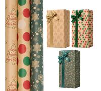 3 Rolls Large Kraft Gift Wrapping Paper, 76cm x 4m Recyclable Christmas Wrapping Paper Festive Design for Christmas Party Gift Decoration