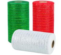 3 Rolls Mesh Ribbon for Wreaths, 6 Inch x 30 Feet Each Roll Red Green White Poly Deco Mesh Rolls, Christmas Ribbon for Wreaths, Swags and Christmas Tree Decoration