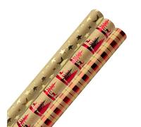 3 Rolls Metallic and Brilliant Gift Wrapping Paper, Red Kraft Christmas Wrapping Paper Print with Elk Star and Grid for Christmas Birthday Party Gift Decoration
