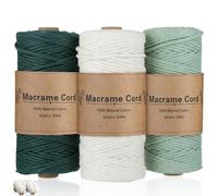 3 Rolls Premium Cotton Macrame Cord, 3mm x 100m Thick Braided Rope, Twisted Macrame Yarn, Hand Knitting Thread for Wall Hangings, Plant Hangers, DIY Crafts (Beige, Light Green, Dark Green)